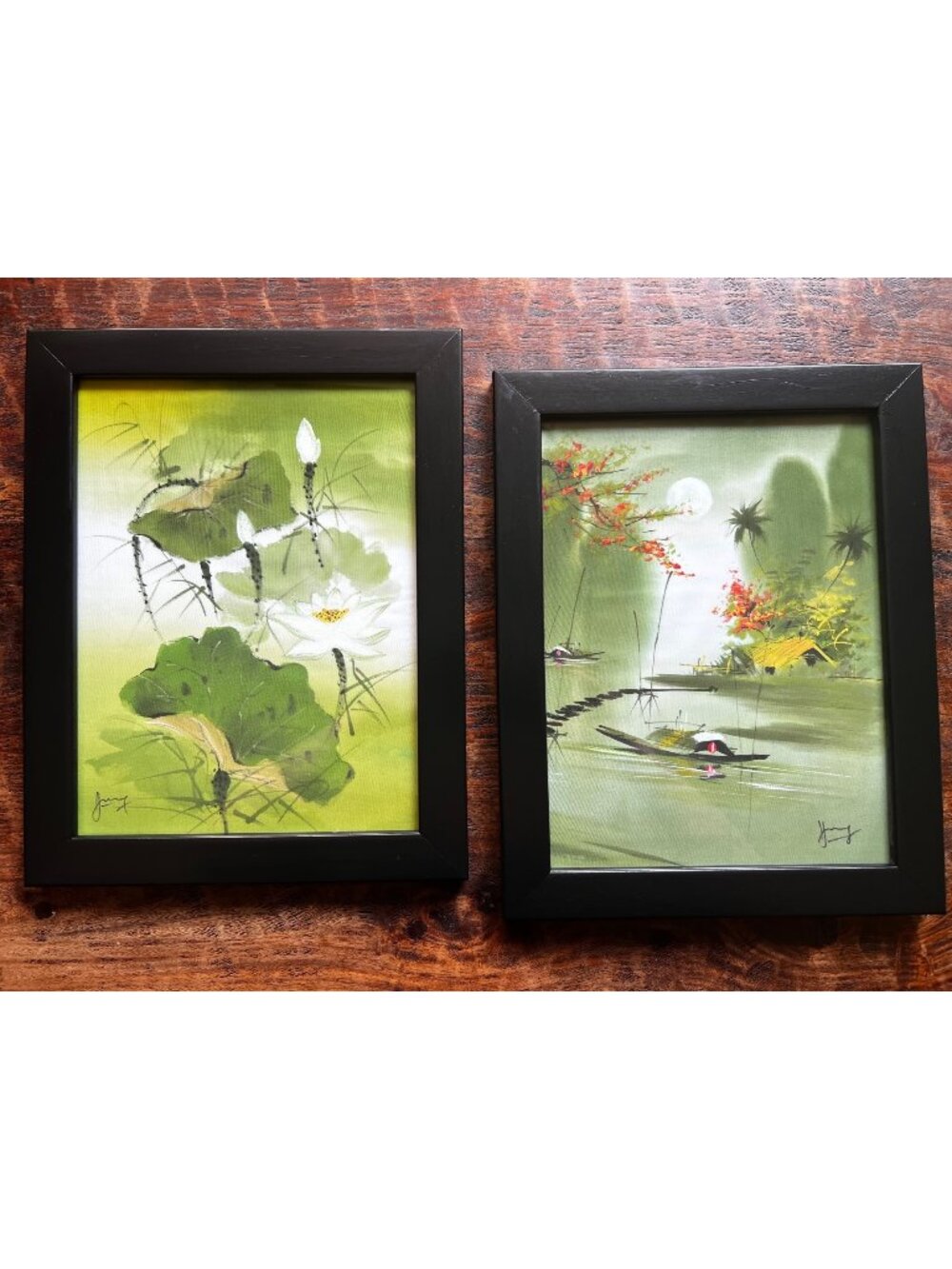 Vintage Vietnamese Painted Silks Set Of Two 11X14